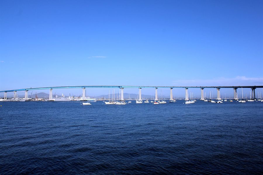 Coronado Bridge over San Diego Bay with sailboats
