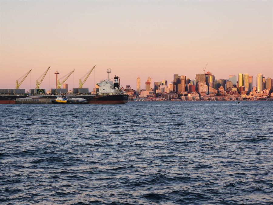 Seattle skyline and harbor cranes across Elliott Bay at dusk